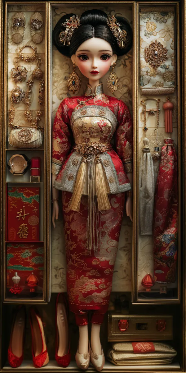 http://104.243.29.242:8088/mid/IMG_4390_拷贝_2.jpg::1 http://104.243.29.242:8088/mid/ronika6654_Barbie_princesss_cloakroom_many_different_dresses_ha_579a1f8d_b9a5_4ac2_b851_346cb68fa80a.png::1 一个漂亮的中国公主娃娃，黑色古风盘发，穿着红色华丽古风唐装套裙，娃娃关节，脚穿古风布鞋，全身放在金色盒子中间，盒子里的格子上放着唐装宝石水晶发簪金银首饰高跟鞋和包包还有各种化妆品等，闪闪发光，真实高清3D渲染 --v 7.0