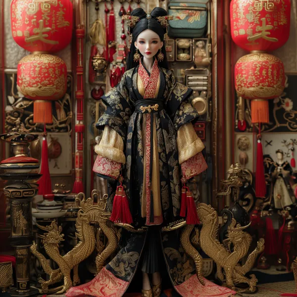 http://104.243.29.242:8088/mid/参考_4_618c134f80424982a8cceb5b75a6505e.jpg::1 一个漂亮的中国秦朝公主娃娃微笑着, 纯黑色长发戴发簪和两条红色发带加玉石耳环，身穿黑色秦朝王后绸缎礼服长裙金色和红色袖边金色上衣，黑腰带金色花纹，娃娃关节，脚穿黑色古风高跟鞋，全身显示，全身放进黑色格子里，很多黑色格子里放着发簪金银首饰玉石和宝箱还有各种化妆品等，黑色背景清晰显示，真实质感高清3D渲染 --ar 3:4 --style raw --v 7.0