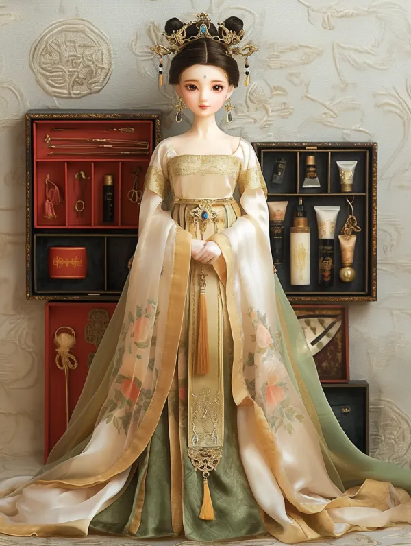 http://104.243.29.242:8088/mid/IMG_4390_拷贝_2.jpg::1 http://104.243.29.242:8088/mid/f582eba5ea964b6baef20550a486d60d.jpeg::1 一个漂亮的中国唐朝公主娃娃微笑着, 黑色古风盘发头戴发簪和耳环，穿着米色薄莎上衣米色袖子绿色裙子丝绸华丽古风唐朝过膝长裙金色花卉镶嵌，金色腰带，娃娃关节，脚穿古风高跟鞋，全身显示，全身放在盒子中间，深棕色盒子里的格子上放着宝石水晶发簪金银首饰高跟鞋和宝箱还有各种化妆品等，闪闪发光，真实高清3D渲染 --ar 3:4 --style raw --niji 6