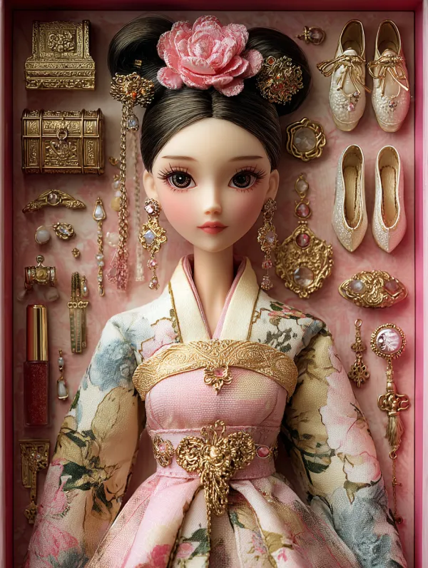 http://104.243.29.242:8088/mid/IMG_4390_拷贝_2.jpg::1 http://104.243.29.242:8088/mid/ronika6654_Barbie_princesss_cloakroom_many_different_dresses_ha_579a1f8d_b9a5_4ac2_b851_346cb68fa80a.png::0.4 一个漂亮的塑料质感皮肤中国公主娃娃微笑着，粉色古风盘发头戴发簪和耳环，穿着粉色华丽古风花卉唐装长裙，娃娃关节，脚穿古风长靴布鞋，全身放在深粉色盒子中间，盒子里的格子上放着唐装宝石水晶发簪金银首饰高跟鞋和宝箱还有各种化妆品等，闪闪发光，真实高清3D渲染 --ar 3:4 --style raw --v 7.0
