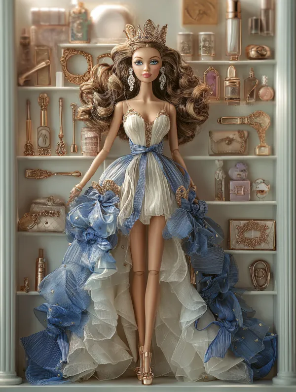 http://104.243.29.242:8088/mid/IMG_4390_拷贝_2.jpg::1 http://104.243.29.242:8088/mid/ronika6654_Barbie_princesss_cloakroom_many_different_dresses_ha_579a1f8d_b9a5_4ac2_b851_346cb68fa80a.png::1 漂亮的棕色长卷发芭比娃娃头戴王冠和耳环和项链，身穿蓝色雪纺薄莎蝴蝶结水晶过膝长裙到脚踝，脚穿水晶高跟鞋，娃娃关节，修长的身材全身放在盒子里，很多宝蓝色格子里放着化妆品，衣服鞋子，水晶高跟鞋，高清3D真实质感高清渲染，镜头光圈F8，全景清晰 --ar 3:4 --style raw --v 7.0