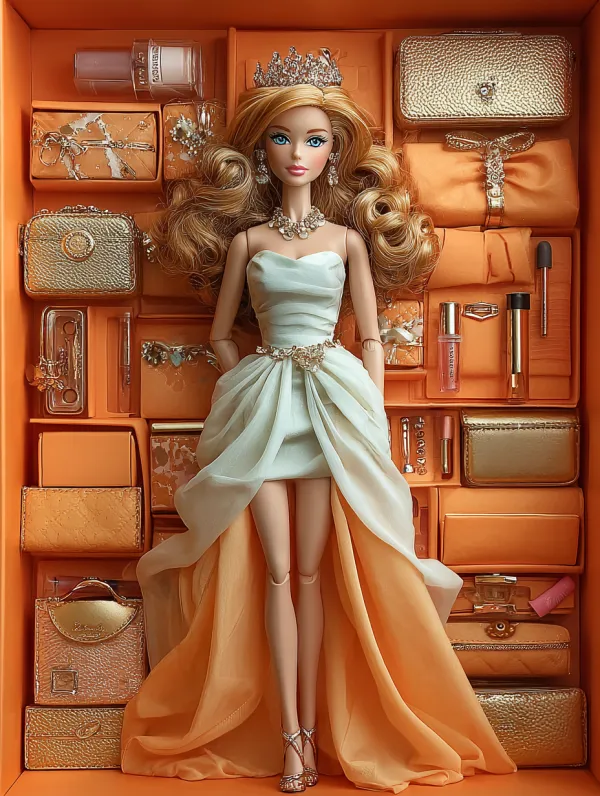 http://104.243.29.242:8088/mid/IMG_4390_拷贝_2.jpg::1 http://104.243.29.242:8088/mid/ronika6654_Barbie_princesss_cloakroom_many_different_dresses_ha_579a1f8d_b9a5_4ac2_b851_346cb68fa80a.png::1 漂亮的长卷橘色头发芭比娃娃头戴王冠和耳环和项链，身穿橘色丝绸雪纺水晶薄莎蝴蝶结过膝长裙，橘色长裙遮住膝盖到脚踝，脚穿水晶高跟鞋，娃娃关节，修长的身材全身放在橘色盒子里，很多橘色盒子里清晰的放着化妆品，衣服裙子和珠宝，高清3D真实质感高清渲染，镜头光圈F8，全景清晰 --ar 3:4 --style raw --v 7.0