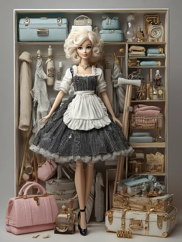 http://104.243.29.242:8088/mid/ronika6654_Barbie_princesss_cloakroom_many_different_dresses_ha_579a1f8d_b9a5_4ac2_b851_346cb68fa80a.png::1 五十岁的白发芭比娃娃棕色的卷发，脸上有一些皱纹，身穿黑白女佣装套裙，脚穿黑色高跟鞋，娃娃关节，全身放在黑色格子里，很多黑色格子里放着化妆品，家居用品，衣服鞋子，高清3D真实质感高清渲染，镜头光圈F8，全景清晰 --ar 3:4 --style raw --v 7.0