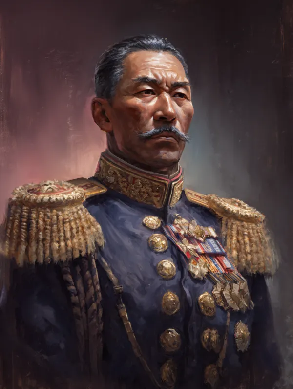 Official Hearts of Iron IV character portrait, A Chinese warlord, 1933, stern expression, wearing ornate dark blue/gray Marshal uniform of the Republic of China, elaborate golden epaulettes with fringe, high standing collar with golden trim, rows of golden buttons, chest covered with medals and badges (order of the Golden Grain, order of the Auspicious Clouds), sharp details, painted portrait style, dramatic studio lighting, soft shadows, muted color palette, HOI4 art style, clean background with subtle gradient, centered bust shot, facing slightly off-center --ar 3:4 --v 7.0