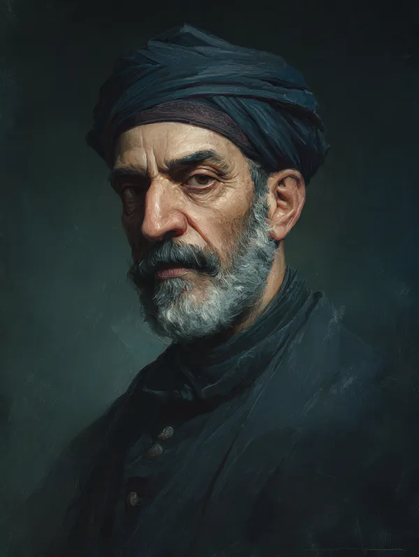 Official Hearts of Iron IV character portrait, A Persian Islamic leader in 1933，sharp details, painted portrait style, dramatic studio lighting, muted color palette,clean background with subtle gradient, centered bust shot, facing slightly left --ar 3:4 --v 7.0
