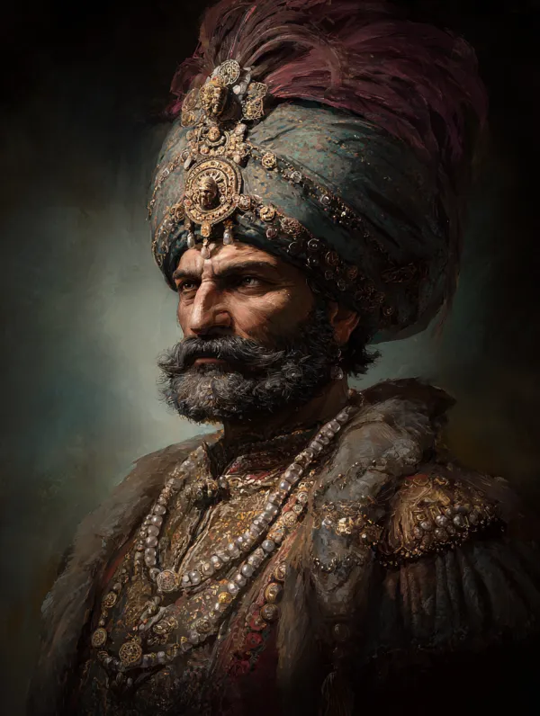 Official Hearts of Iron IV character portrait, A Persian king dressed in elaborate attire, adorned with lion and peacock badges on his magnificent headpiece，sharp details, painted portrait style, dramatic studio lighting, muted color palette,clean background with subtle gradient, centered bust shot, facing slightly left --ar 3:4 --v 7.0