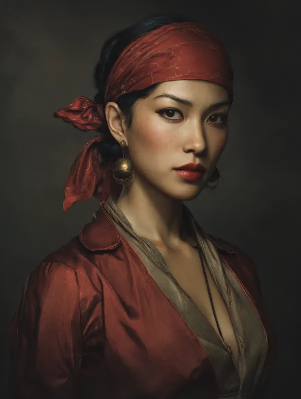 Official Hearts of Iron IV character portrait, A beautifully dressed Southeast Asian beauty pirate，in 1933，sharp details, painted portrait style, dramatic studio lighting, muted color palette,clean background with subtle gradient, centered bust shot, facing slightly left --ar 3:4 --v 7.0