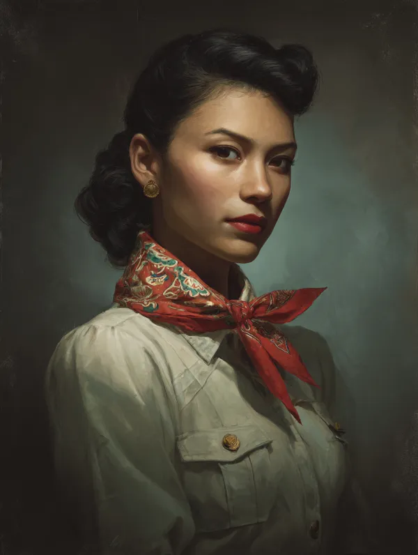 Official Hearts of Iron IV character portrait, A beautifully dressed Southeast Asian beauty pirate，in 1933，sharp details, painted portrait style, dramatic studio lighting, muted color palette,clean background with subtle gradient, centered bust shot, facing slightly left --ar 3:4 --v 7.0