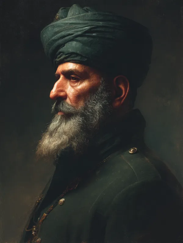 Official Hearts of Iron IV character portrait, A Pakistani Islamic leader，sharp details, painted portrait style, dramatic studio lighting, muted color palette,clean background with subtle gradient, centered bust shot, facing slightly left --ar 3:4 --v 7.0