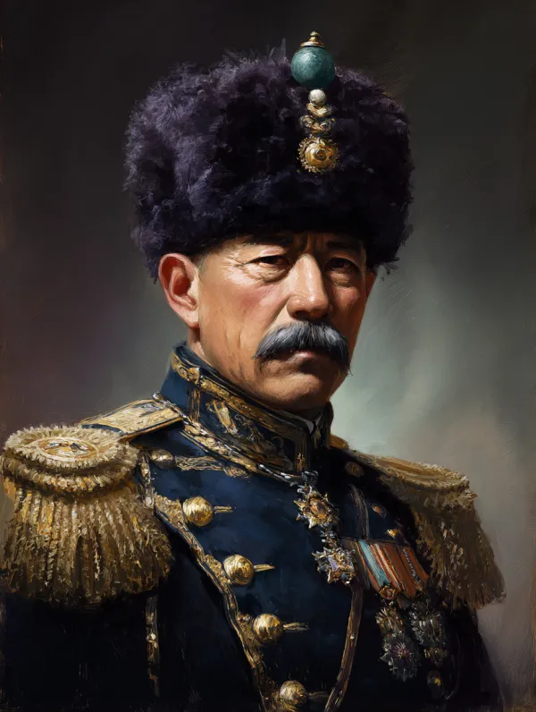 Official Hearts of Iron IV character portrait, Marshal Zhang Zuolin of Manchuria, 1933, stern commanding gaze, iconic thin mustache, wearing luxurious dark fur hat with prominent jade ornament, ornate dark blue Marshal uniform of Fengtian Army/Republic of China, elaborate golden epaulettes with thick fringe, high standing collar with gold trim, rows of gold buttons, chest covered with medals (Order of the Golden Grain, Order of the Auspicious Clouds), sharp details, painted portrait style, dramatic studio lighting, muted color palette,clean background with subtle gradient, centered bust shot, facing slightly left --ar 3:4 --v 7.0